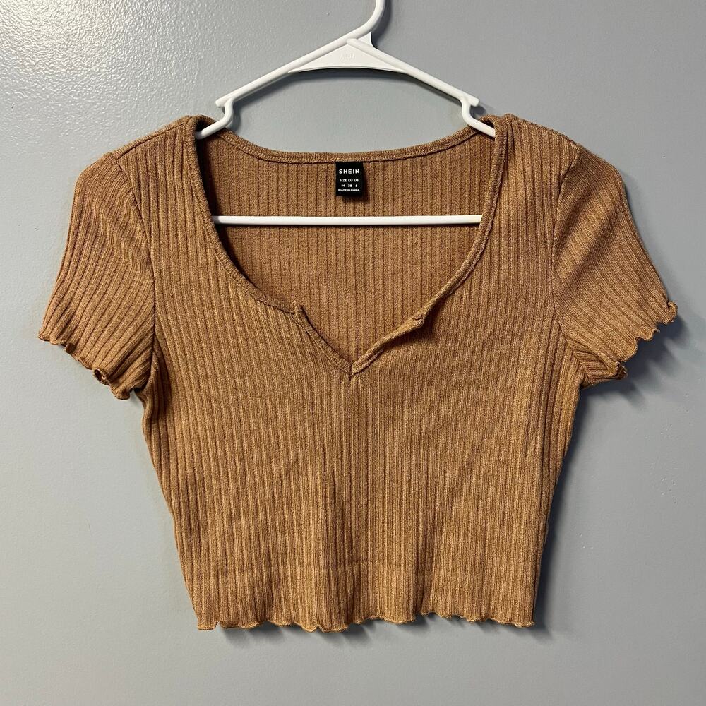 shein essence ribbed splits neck cropped tee in‎ coffee brown color size m